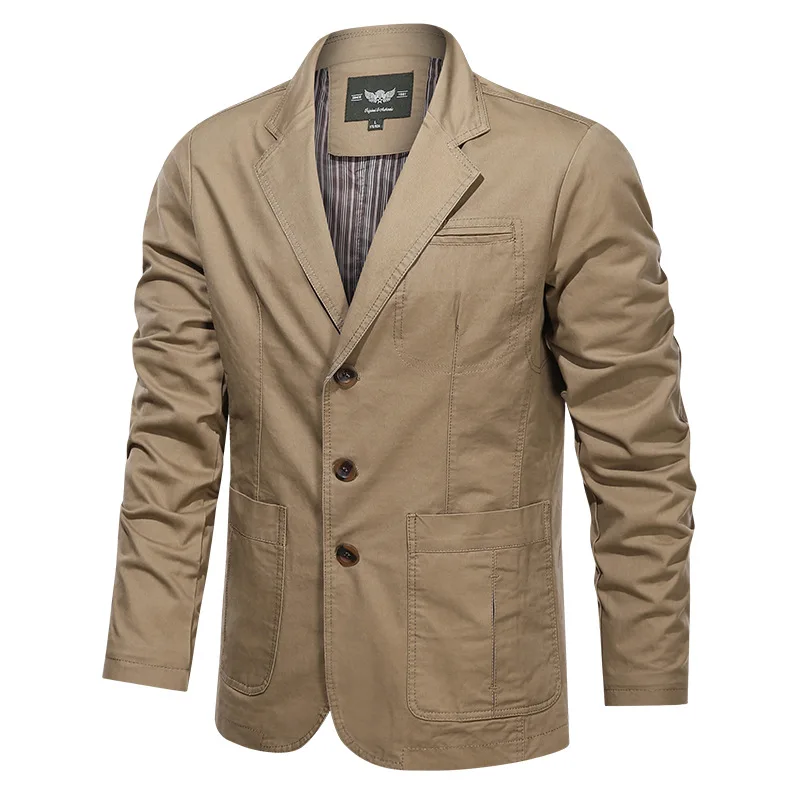 Mens blazer retro solid color suit three-breasted suit multi-pocket jacket coat