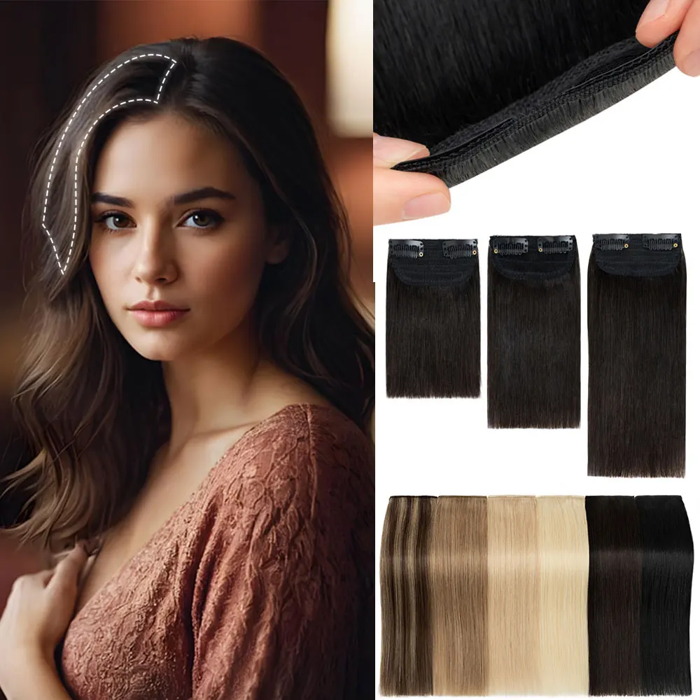100% Human Hair Topper Invisable Straight Hair Pads Clip In One Piece 2Clips Increase Hair volume Hair Extensions Top Side Cover