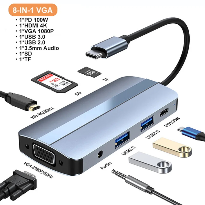 

8 In 1 Docking Station Hub Type C To HDMI-Compatible RJ45 VGA USB 3.0 100W PD 3.5mm AUX Adapter For Macbook Air Pro Laptop