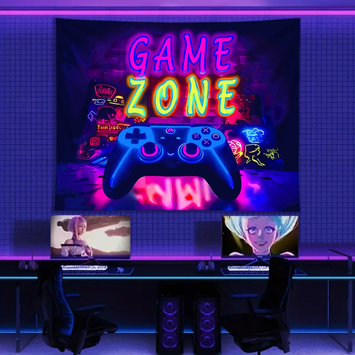 Tapestry Decorations 1pc Punk style Game fluorescent tapestry, UV reactive tapestry, boys' esports room decoration neon light effect tapestry