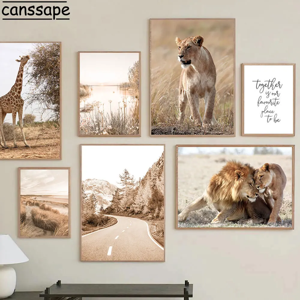 

Natural Scenery Wall Art Lion Giraffe Wall Pictures Hay Reed Pampas Lake Road Canvas Painting Nordic Posters Living Room Decor