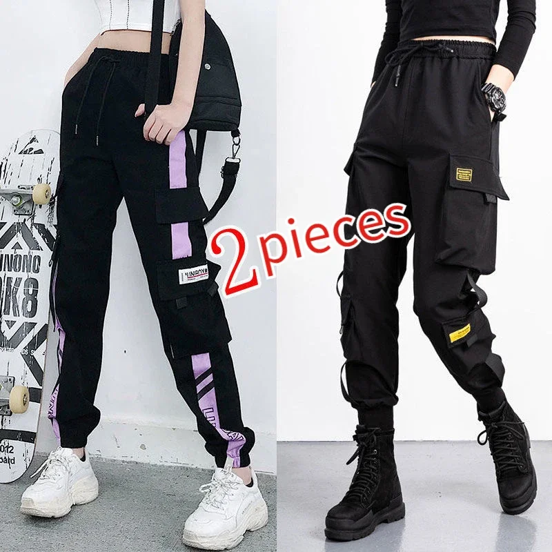 여러 개의 주머니가있는 여성용 카고 바지 여성 조깅 하이 웨이스트 발목 줄무늬 디자인 streetwear 힙합 스웨트 팬츠 플러스 사이즈