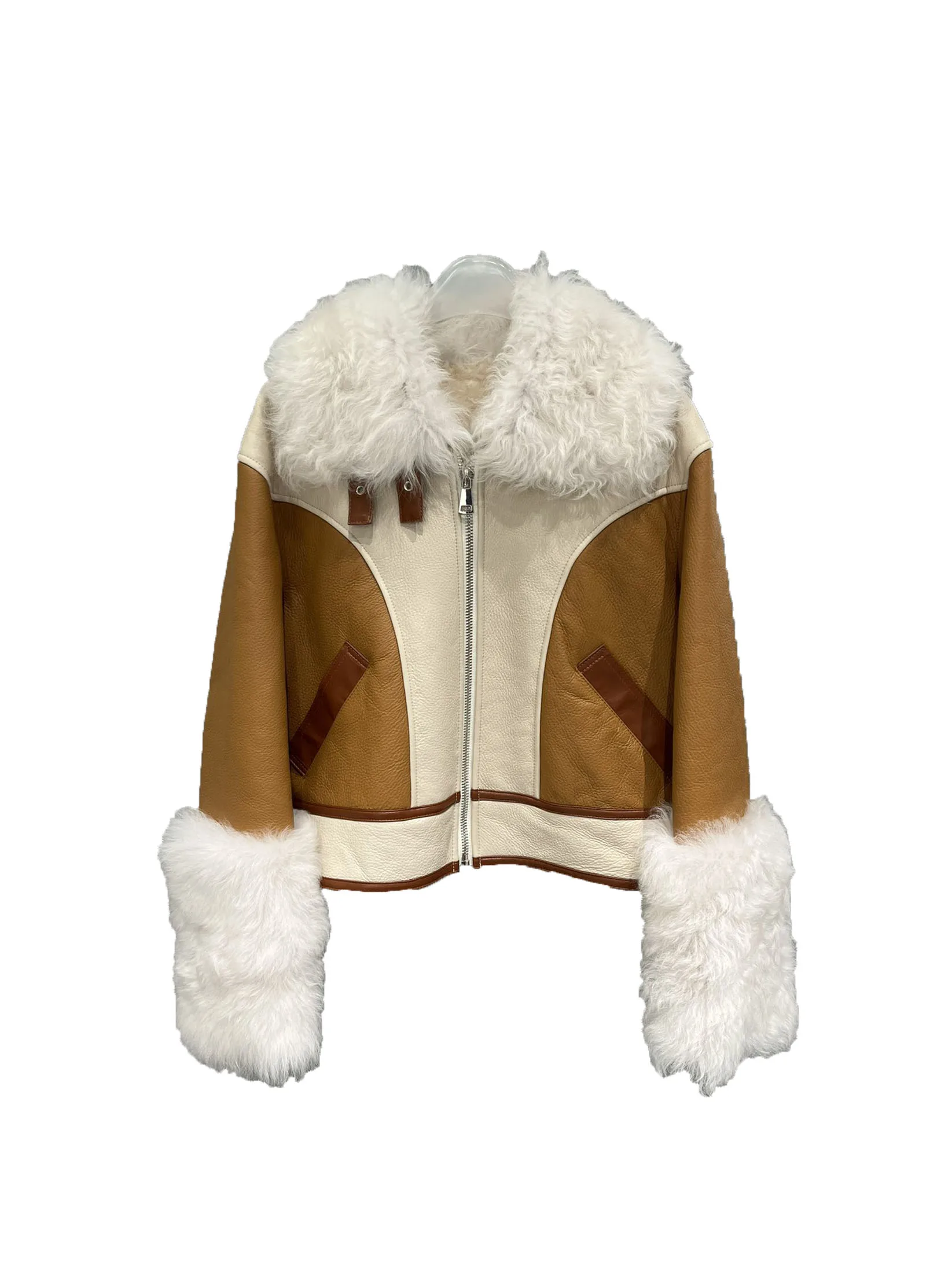 

Fur One Jacket Coat Color Blocking Design Casual Fashion 2024 Autumn New 1025