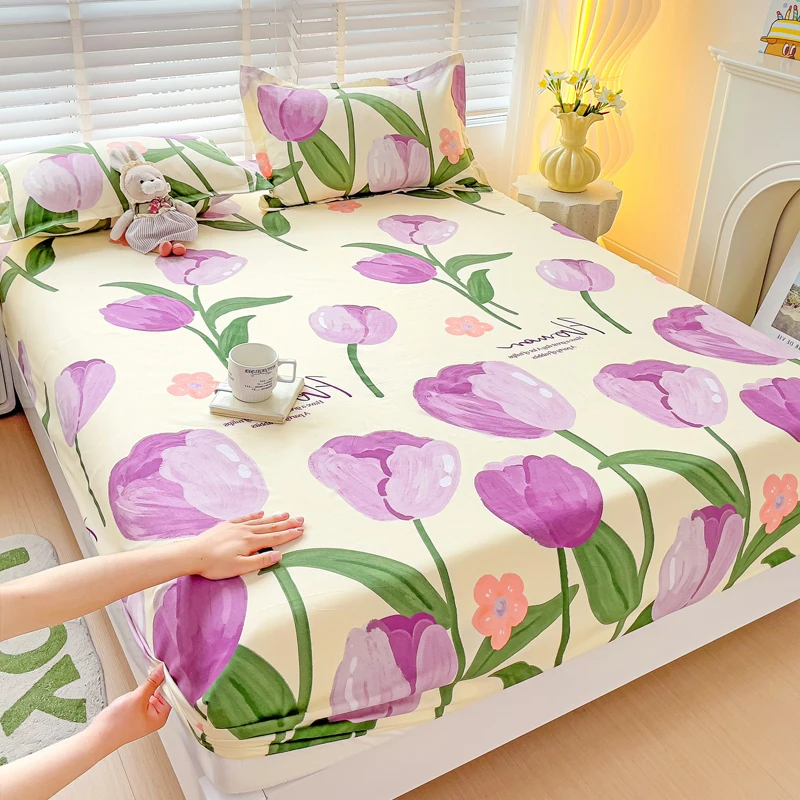 Set lenzuola matrimoniale Tulipani Stampato drap de lit Lenzuolo con angoli stile floreale floreale con fascia elastica Biancheria letto singola per letto king size