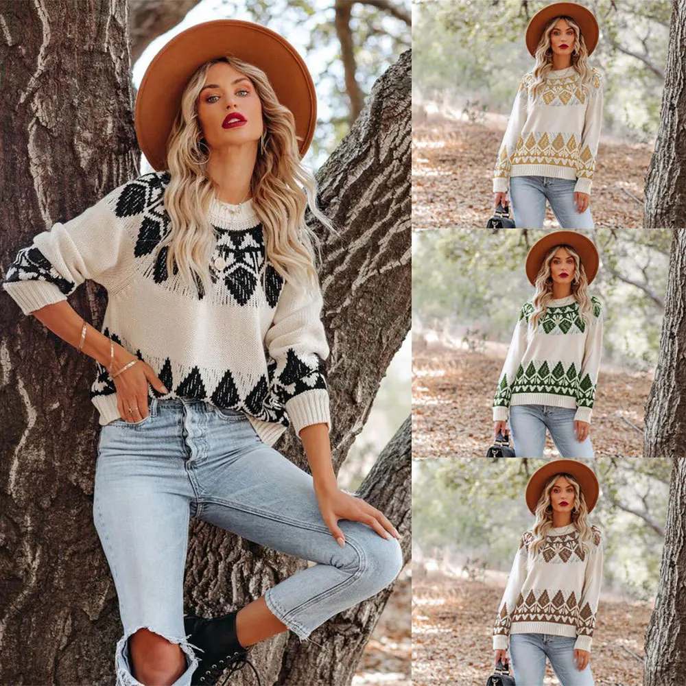

Autumn and winter new women's retro jacquard sweater ladies long-sleeved pullover