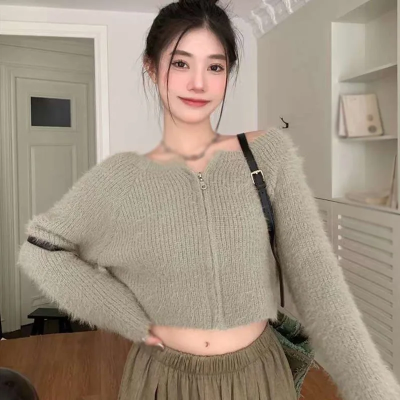 

Cardigan Women's Sweater Zipper Design Imitation Mink Fur Knitted Temperament Elasticity Stay Warm Leisure Top Autumn Winter