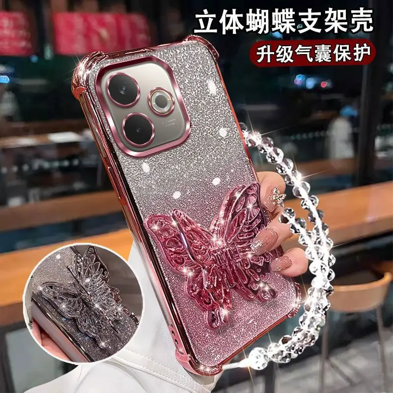 Gradient Glitter Butterfly Wrist Chain Holder Stand Shockproof Case