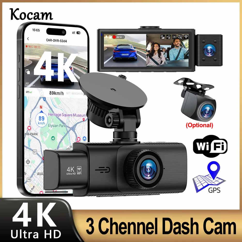 3 Channel WiFi 4K Dash Cam Front and Inside DashCam 1080P Rear Camera Night Vision 24H Parking Car DVR Black Box Support GPS