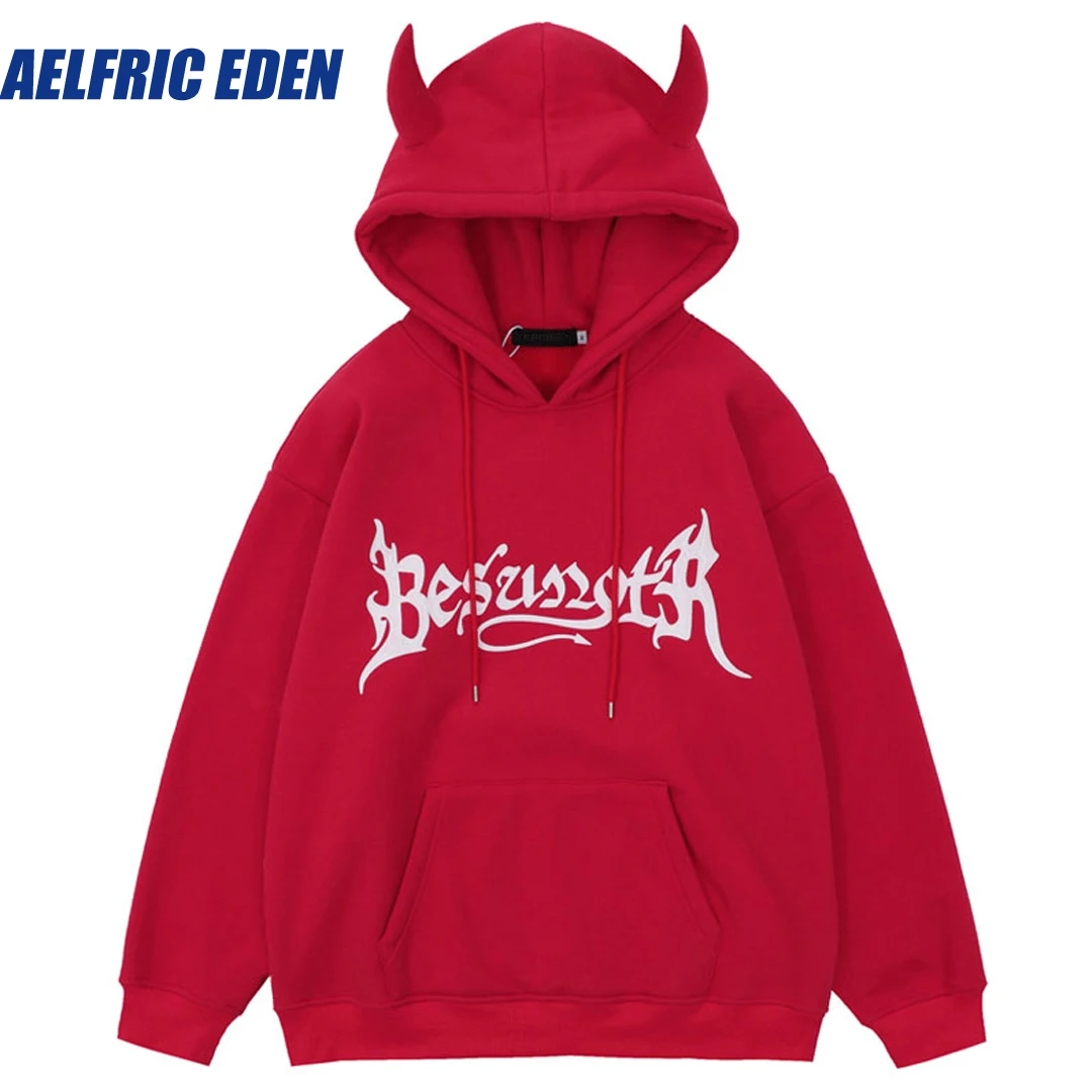 

Aelfric Eden Devil Horns Fleece Hoodie Y2K Hip Hop Harajuku Letter Wing Graphic Print Hooded Sweatshirt Streetwear Punk Pullover