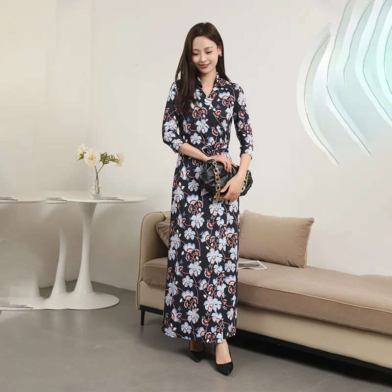 

Summer New POLO Collar Plant Print 3/4 Sleeves Waist Wrap Dress