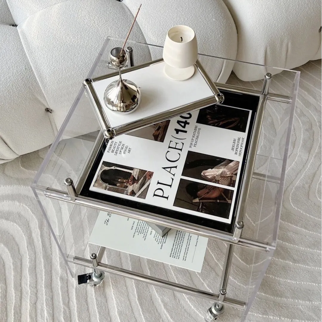 Transparent acrylic trolley ins wind coffee table living room Internet celebrity storage mobile bedside table Stainless steel
