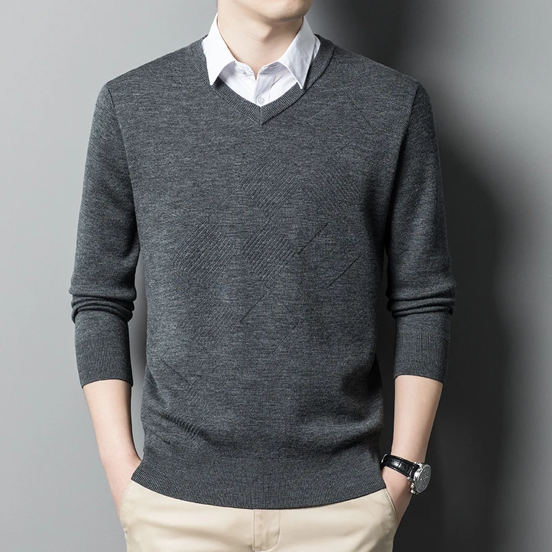 

100% Woolen Sweater Men's V-neck Pullover Pure Color Thickened Warm Fashion Casual V-neck All-Match Knitted Men's Clothing