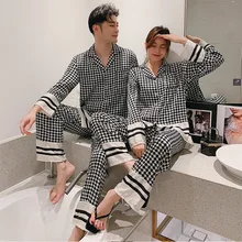QWEEK Houndstooth Nightwear Silk Women's Pajamas Female Set Woman 2 Pieces Autumn Sleepwear Elegant Pijama Pyjamas Loungewear