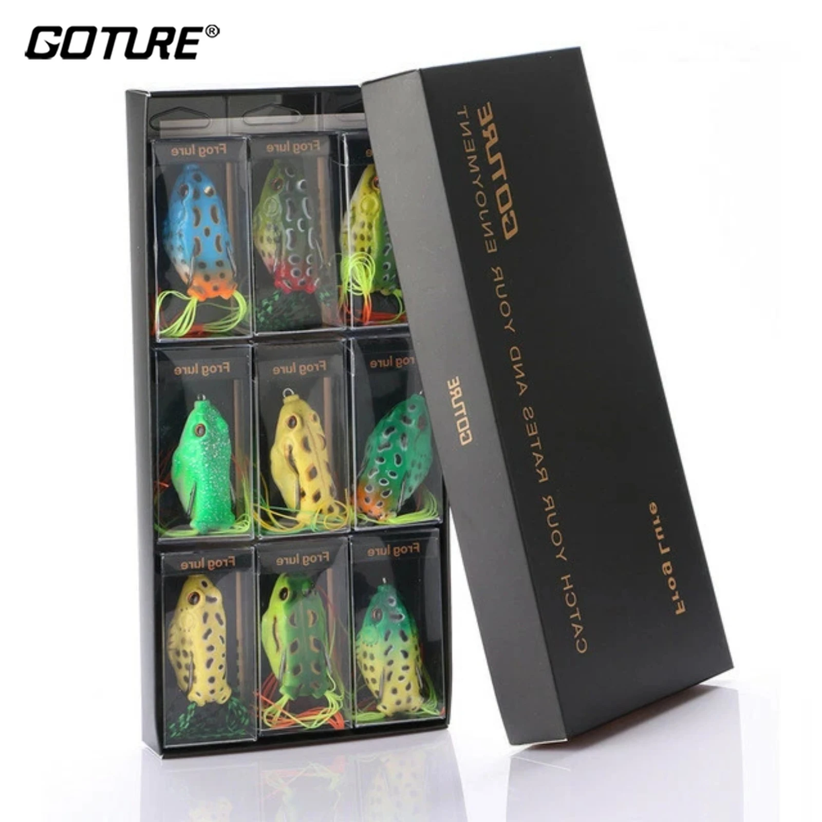 Goture 9 stücke Topwater Frosch Köder 55mm/12g Trolling Spin Köder Weichen Schlauch Kunststoff 3D Augen Köder mit Haken Köder Für Snakehead Hecht