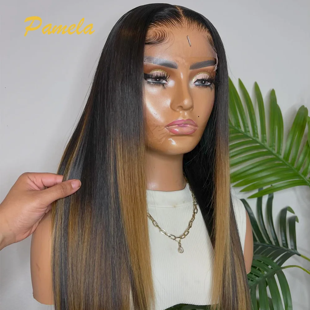Double Drawn 250% Density Bone Straight 13x6 Transparent Front Lace 1B/27 Color Pre Plucked Wear And Go Brazilian Human Hair Wig