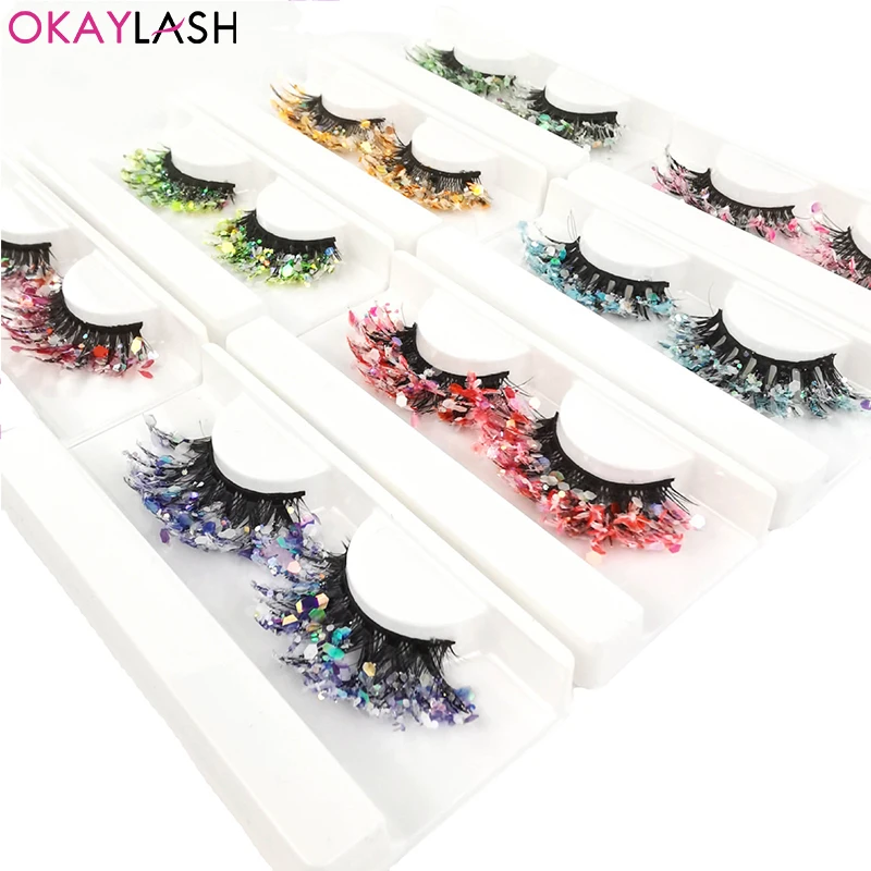 Unique Shining Colored Eyelashes Gold Pink Green Glitter Colorful False Eye Lashes Dramatic Halloween Party Rainbow Cilias