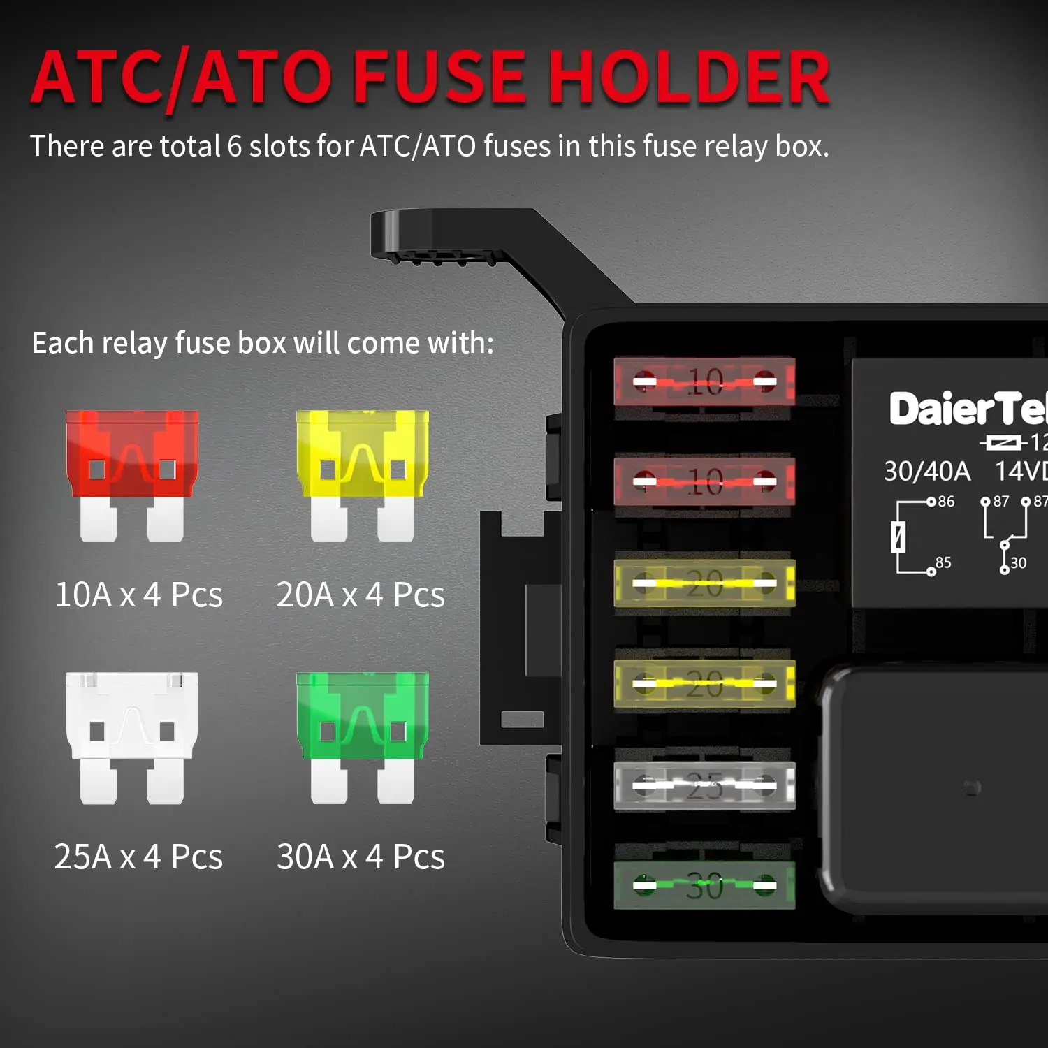 Caja de relé de fusibles de 12 V precableada, 15 ranuras, caja de relé  universal, soporte de fusibles ATC/ATO y panel de relé de 10 ranuras con  relé