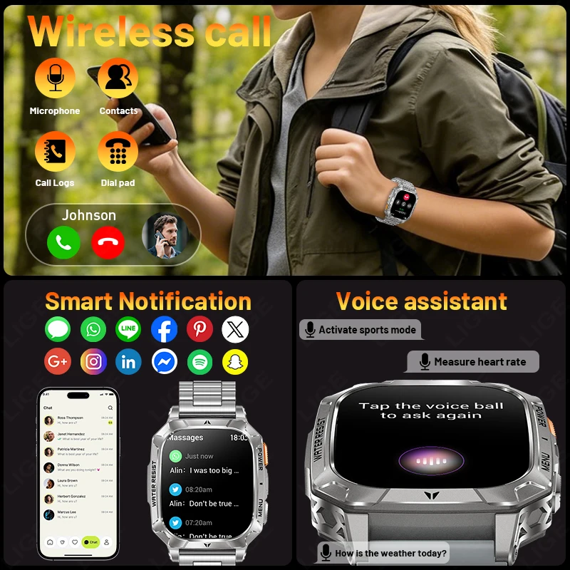 LIGE New 1400mAh Battery Watch 2.01" HD Large Screen Waterproof Men's Watches Sports Fitness Bluooth Call Smart_voghion.com