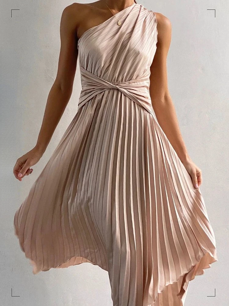 

Chic Satin One Shoulder Party Midi Dress Women Sexy Sleeveless Irregular Pleated Evening Long Dress Luxury Femme Vestidos Robe