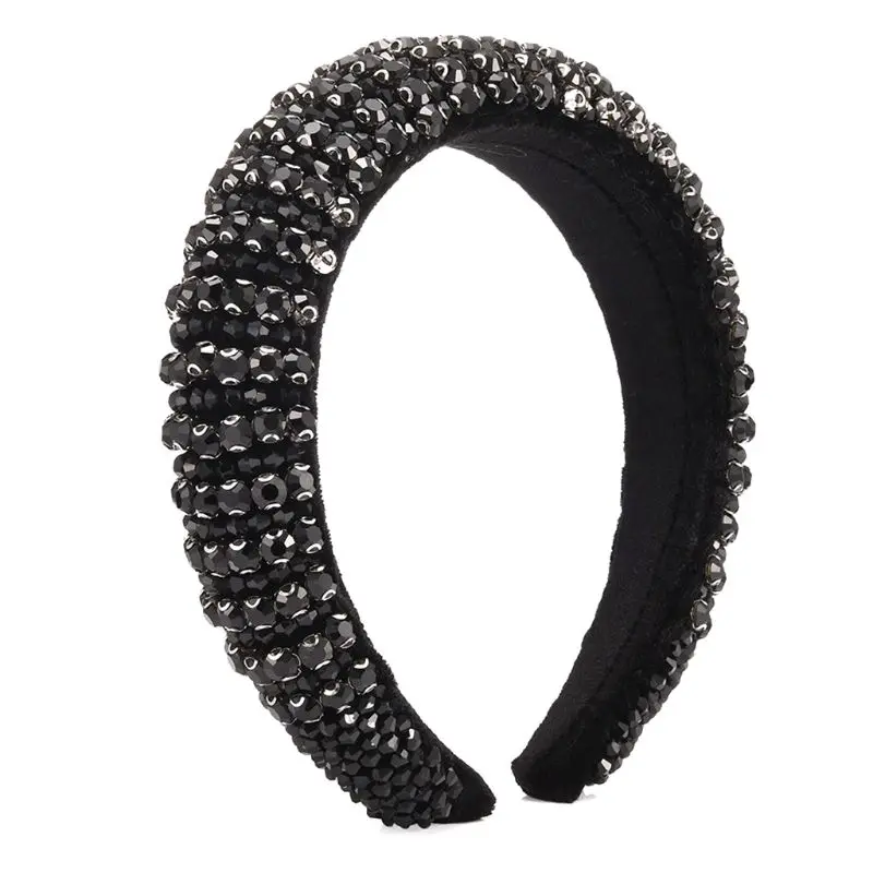 Baroque Luxury Full Jewelry Wide Hair Hoop Women Colorful for Rhinestone Beaded Stripes Headband Delicate Thick Padded Bandana