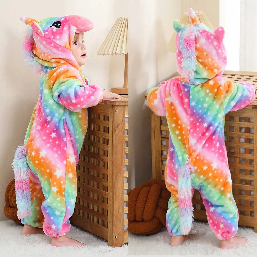Cosplay Costumes Children Pajamas Winter Halloween Dinosaur Kigurumi Cosplay Clothes Hooded Animal Cow Monkey Unicorn Onesies Baby Thick Romper Newborn Jumpsuit