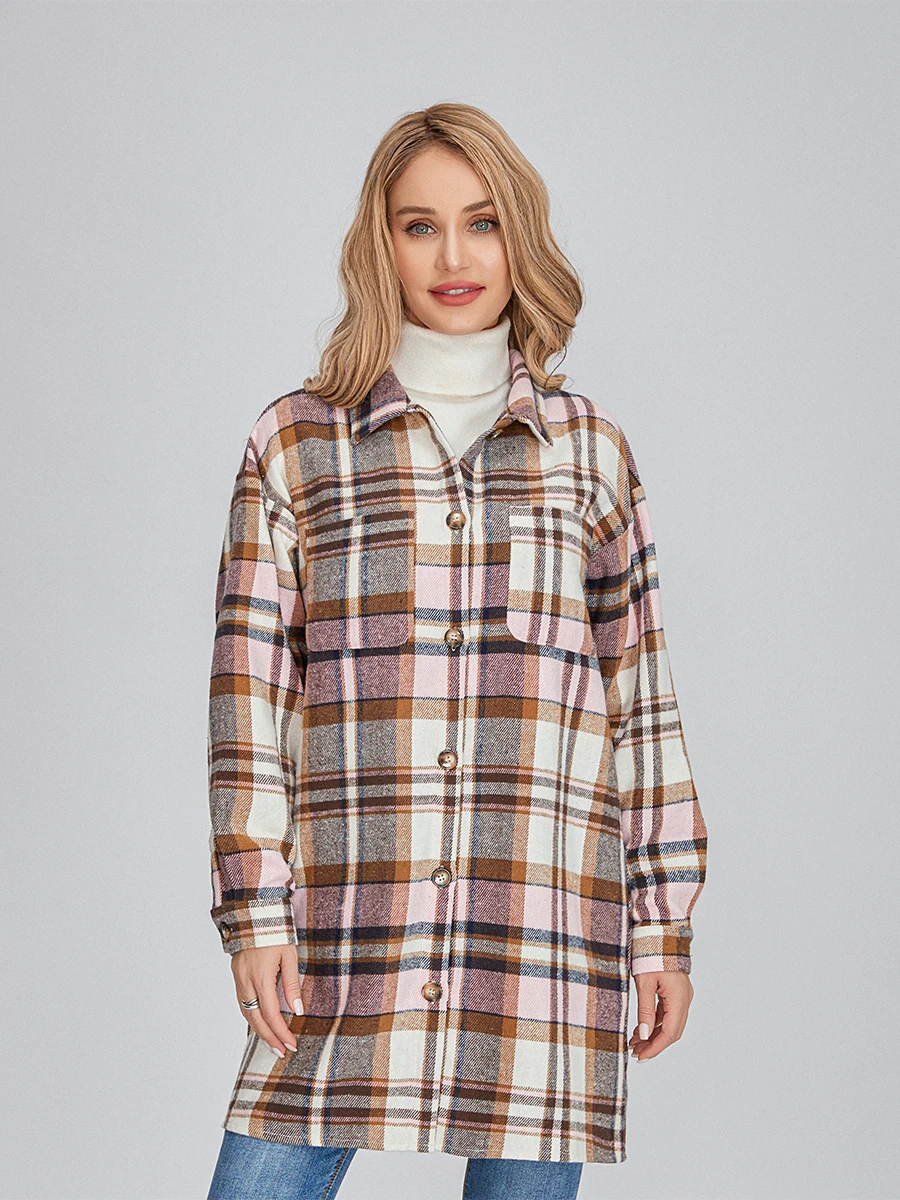 

Long Sleeve Lapel Button Down Casual Flannel Coat Fall Winter Loose Outwear Women Plaid Print Shacket Jacket Pink/Khaki