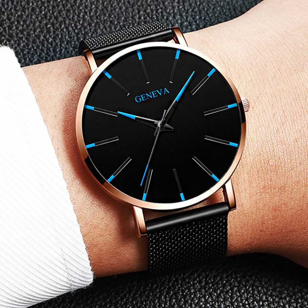 Fashionable men's ultra-thin watch, men's business stainless steel mesh strap quartz watch