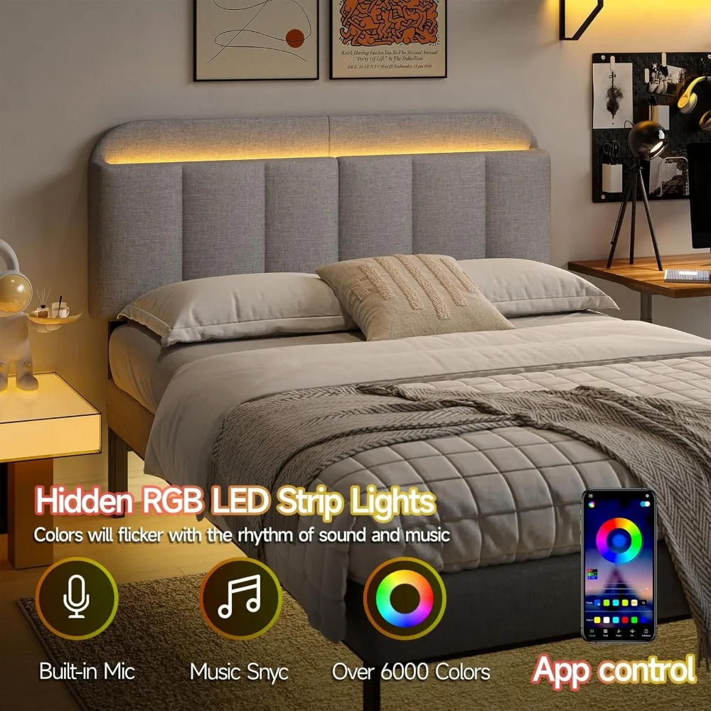 Adjustable Headboard for Full/Queen Size Bed Frame, Linen Fabric Bed Headboard with Storage & RGB LED Light in Modern Vertical 3