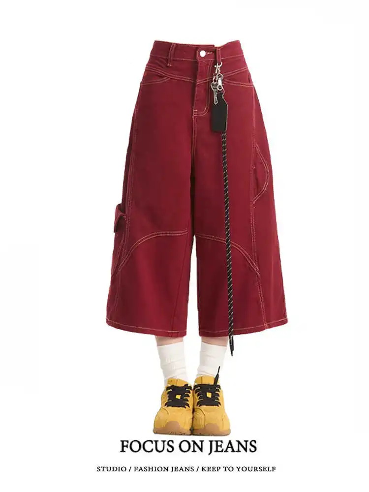 Summer Red Washed Loose Multi-pocket Denim Cropped Pants Women