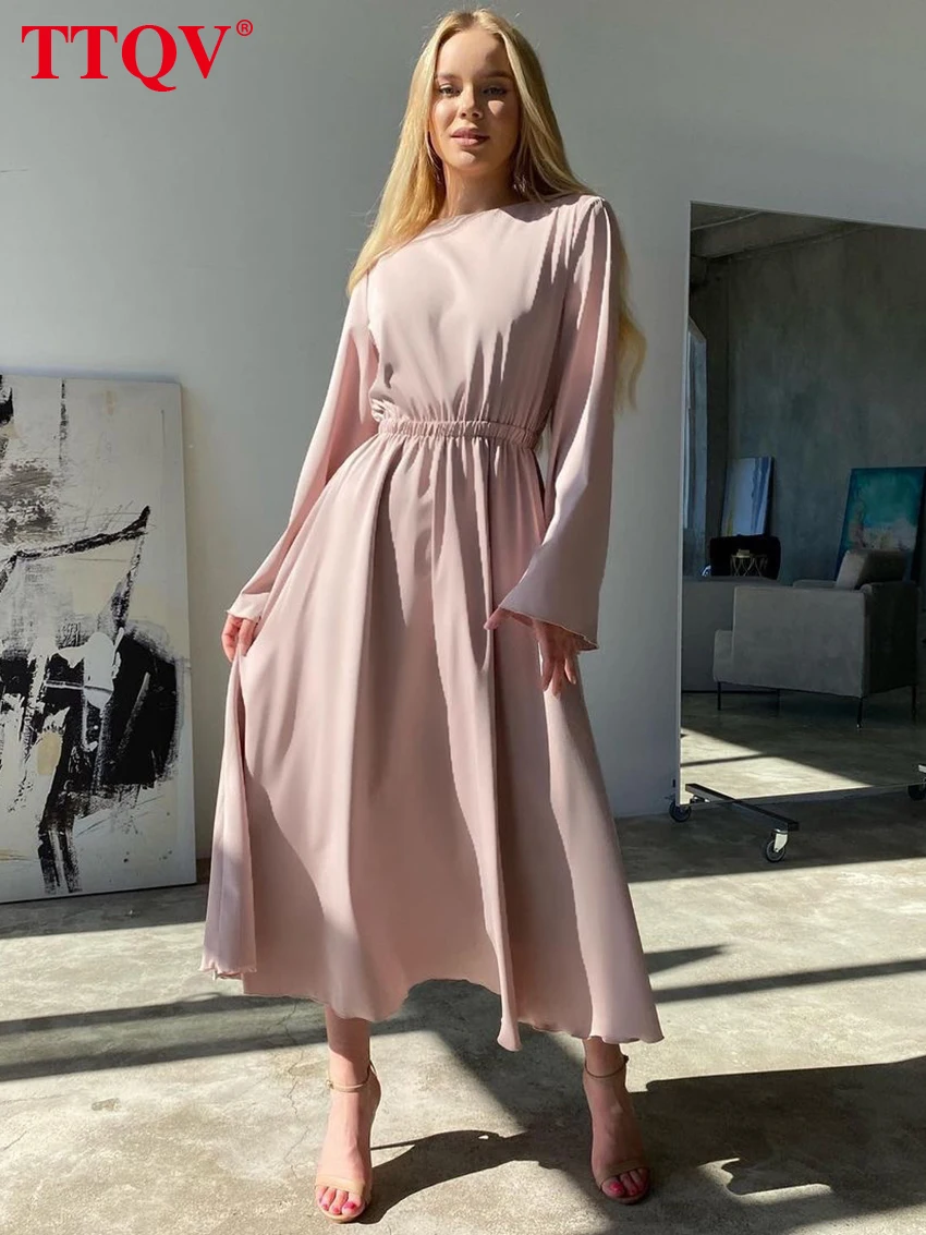 

TTQV Fashion Pink O-Neck Womens Dresses 2023 Elegant High Waist Solid Long Sleeve Female Dresses Autumn Open Back Mid-Calf Dress