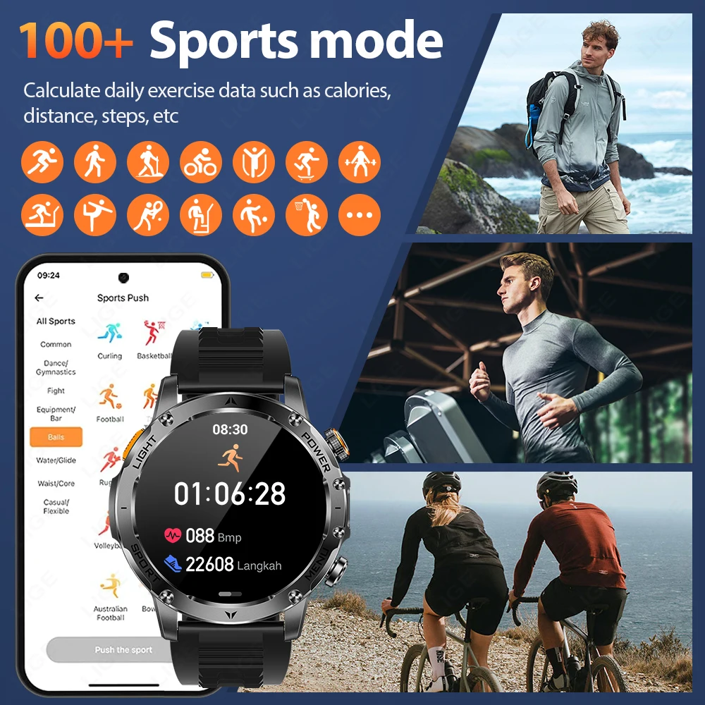 LIGE Military 1000mAh AMOLED Smart Watch Men Health Monitor Waterproof Sports Fitness Watches BT Call Smartwatch for Android iOS
