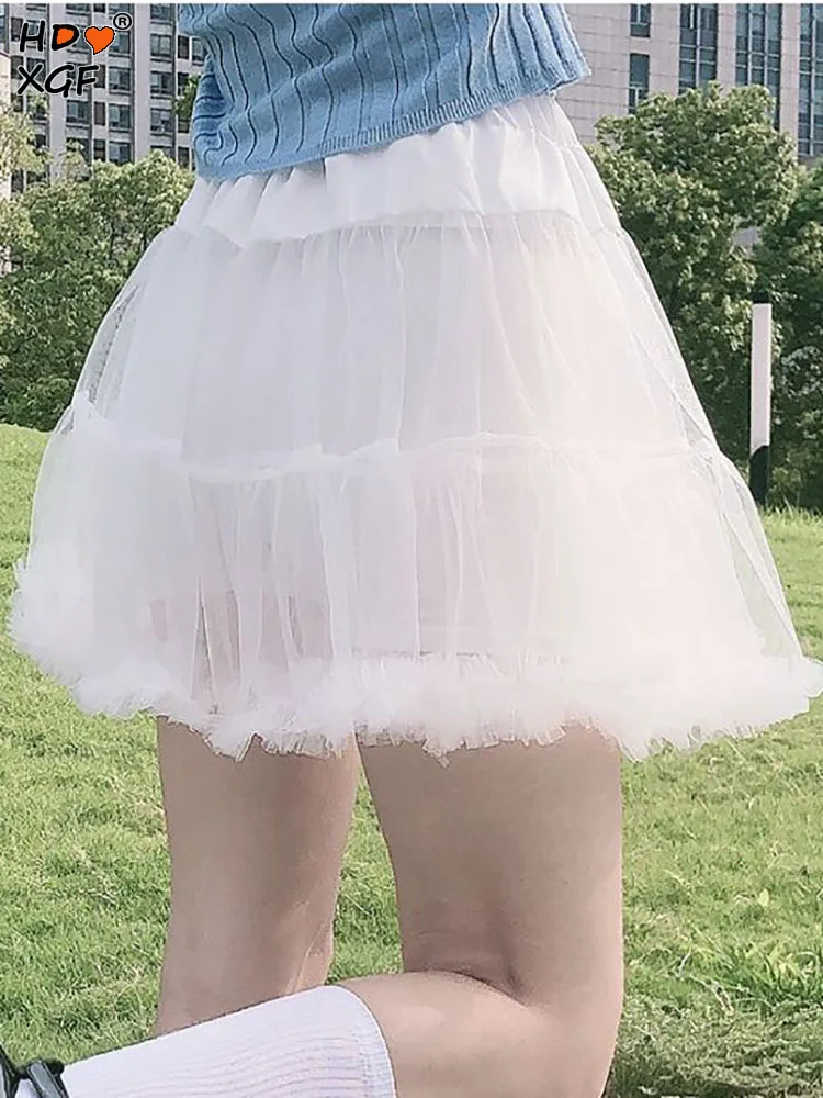 

Elastic High Waist Fold Solid Color Patchwork Ruffle 2cake Layers Of Tulle Sweet Fairy Puffy Skirt Summer Womens Umbrella Skirts