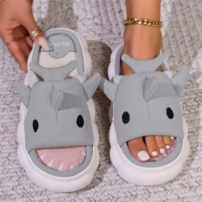 Four Seasons Women Shark Linen Slippers Men Cute Animal Sandals Adults Indoor Bedroom Cartoon Slides Couples Outdoor Flip Flops 6