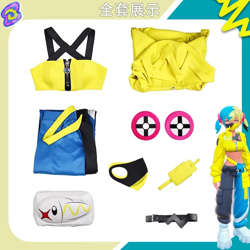 Costume Cosplay Anime Game Z Canari, Maschera, Top Giallo, Pantaloni Giallo-Blu, Doppio Accessorio, per Donna e Ragazza, per Festa di Halloween - immagine 6
