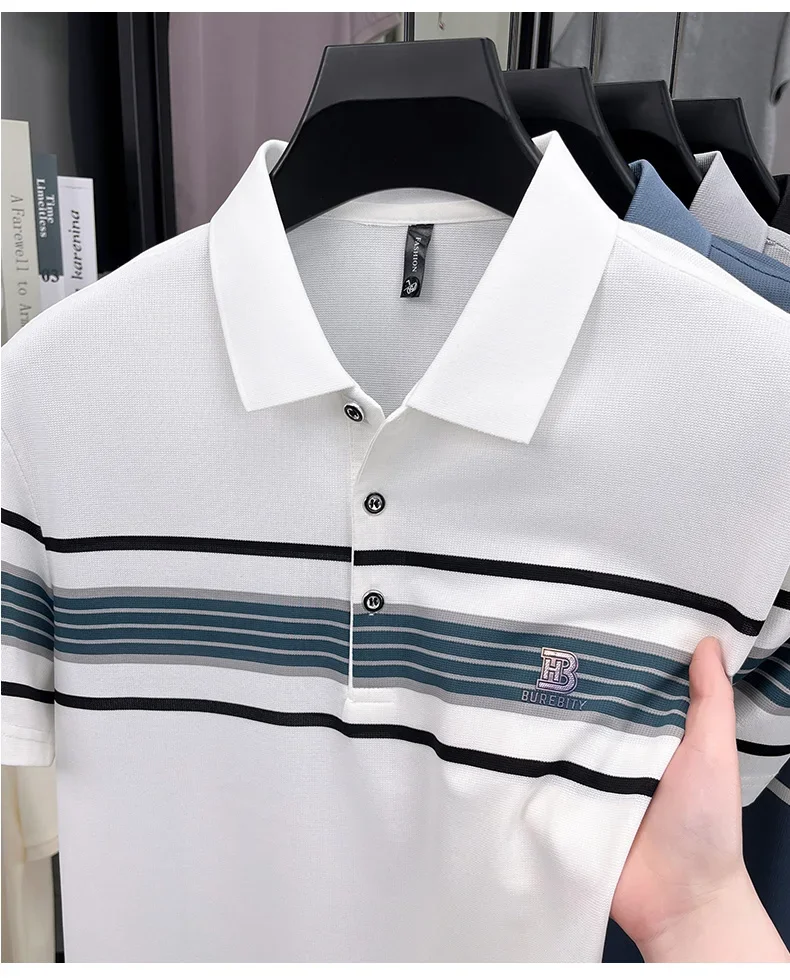 High end trend brand pure cotton polo shirt classic striped summer comfortable short sleeve men's T-shirt letter embossed top 14 Sa3a10b2cc7294c0eb5461339ff8423a1I