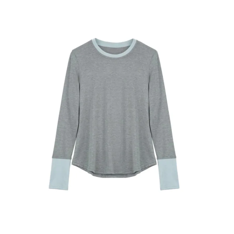 

Contrast Color Patchwork T-shirt Women Spring Slim Round Neck Bottom Long Sleeve Basic Tops