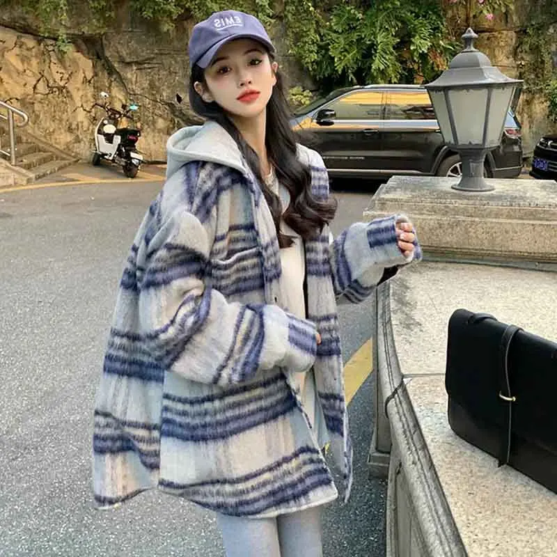 

Autumn Artificial Wool Hooded Jacket Women Retro Korean Loose Stripes Casual Tops Harajuku Preppy All-Match Blends Outwear