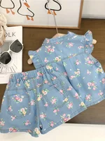 Ensemble deux pièces pour bébé fille, nouveau style étranger, Section fine, manches volantes, imprimé Floral, Short à manches courtes, été 2025 2