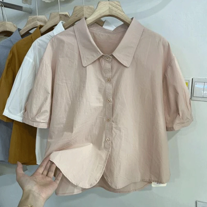 2024 New Summer Office Lady Loose Casual Solid Color Women's Shirt Button Elegant Fashion Simplicity Lapels Short Sleeve Tops
