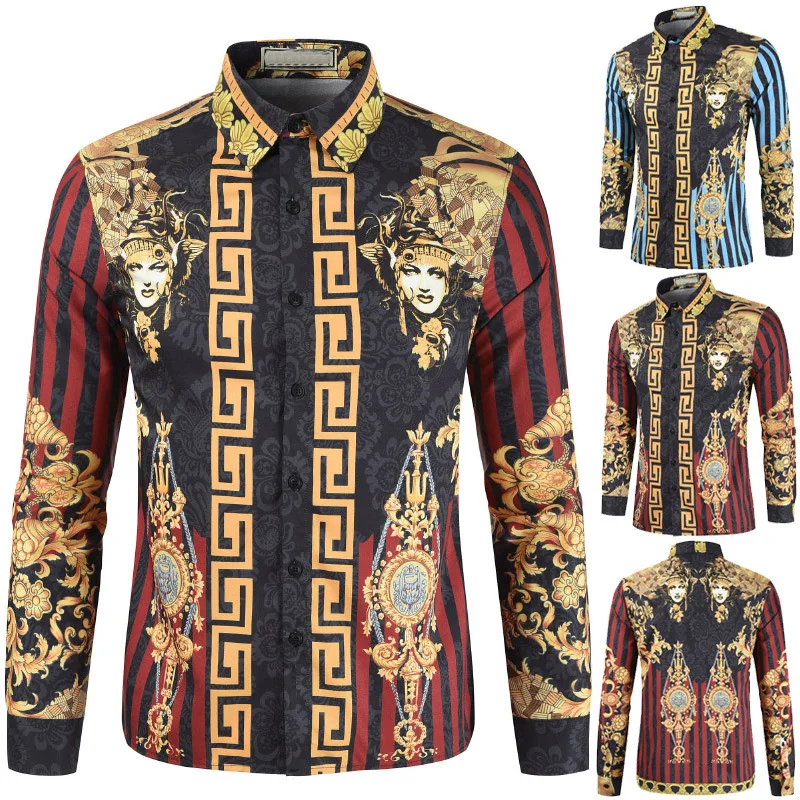 

Spring Autumn Long Sleeve Shirts Men Vintage Fashion Ethnic 3D Digital Print Men's Clothing Casual Daily Vacation Chemise Hombre