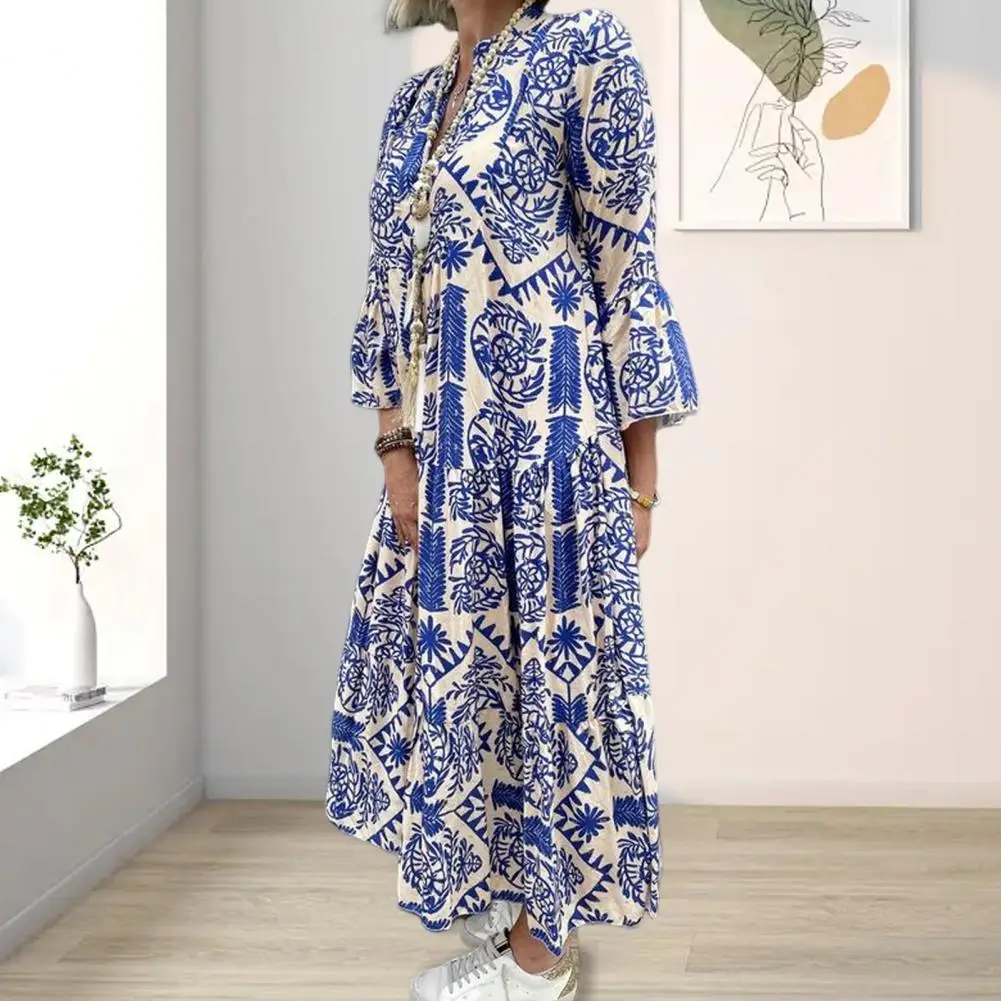 

Maxi Dress Women Geometric Print Dress Bohemian Ethnic Maxi Dress with Floral Print V Neck for Women Loose A-line Big for Spring