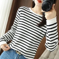 Women 100% Cotton Sweater Curled O-neck Strip Pullover Autumn Winter Casual Knit Clothing Fashion Soft Bottoming Sweater Tops - Image 5