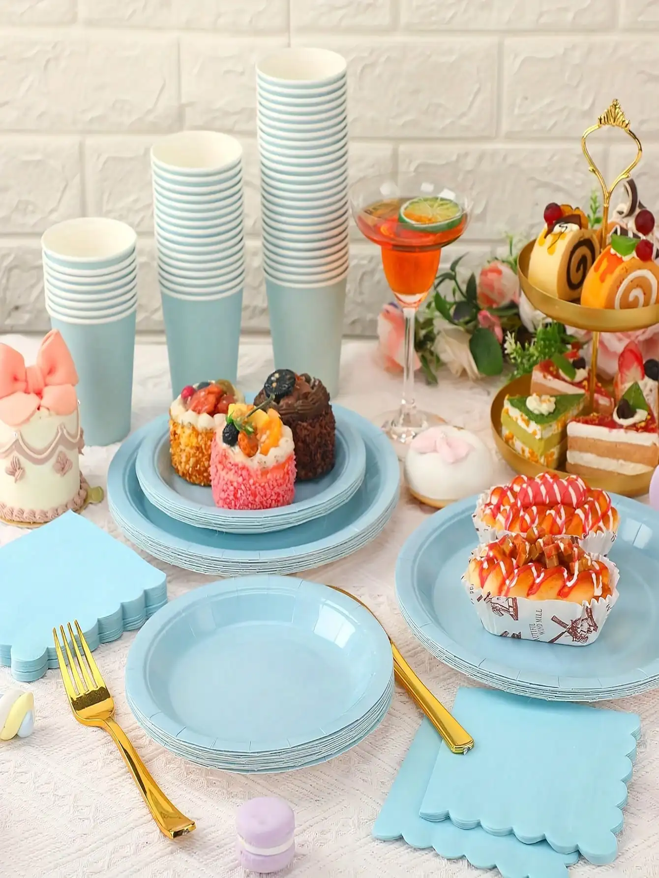 Sky Blue Party Supplies Set - Disposable Plates Spoons Forks Knives