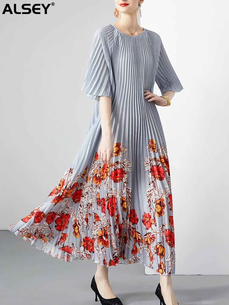 

ALSEY Miyake Pleated Printing Round Collar Dress For Women Half Sleeve Casual Summer New Elegant Female Formal Occasion Dresses