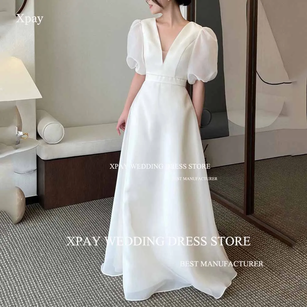 

XPAY Vintage Deep V Neck Korea A Line Wedding Dresses Organza Short Sleeve Bridal Dress Backless Custom Photos Shoot Bride Gown