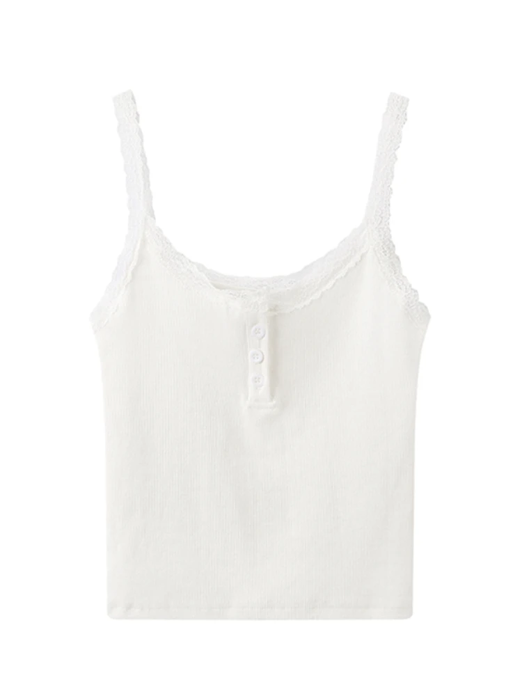 Casual Women White Lace Button Slim Camisole 2022 Summer Fashion Ladies Spice Female Knitted Sleeveless Top