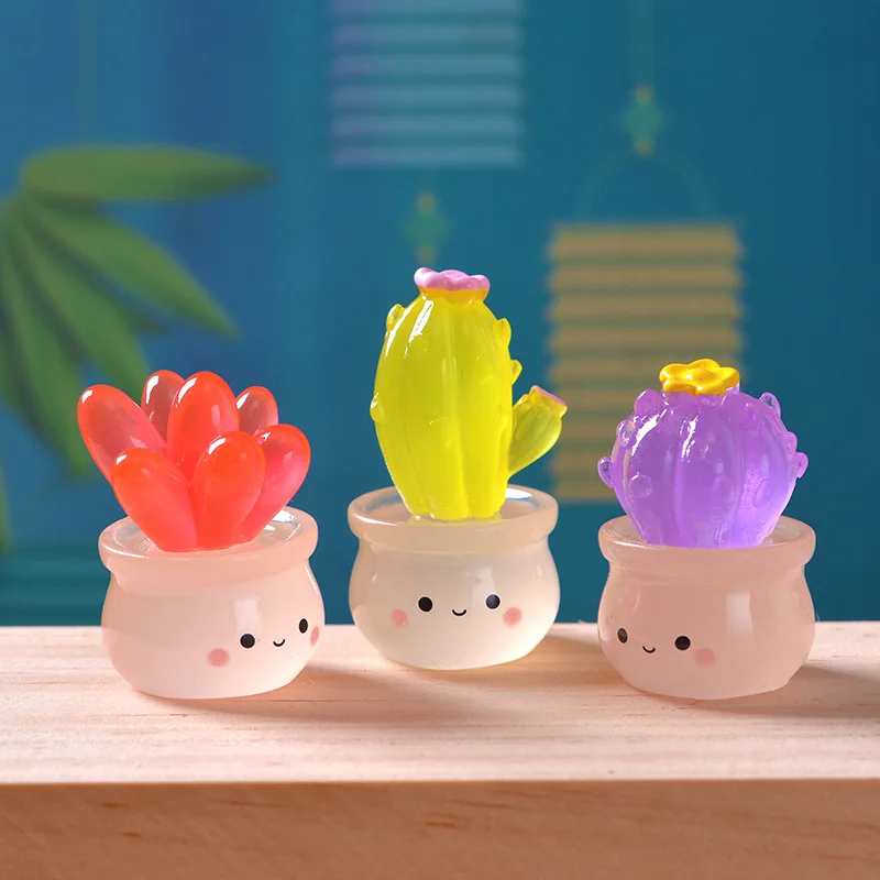 Mini Luminous Cactus Figurines Ornaments Resin Cactus Series Creative Home Bonsai Decor Car Ornament Micro Landscape Accessories