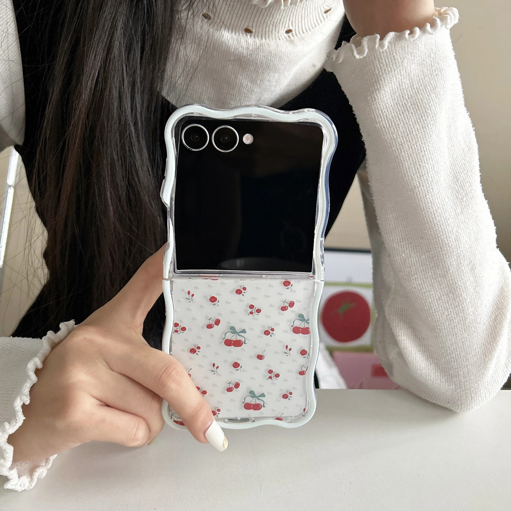 Korean Cherry Fruit Phone Case with Lanyard and Wave Design