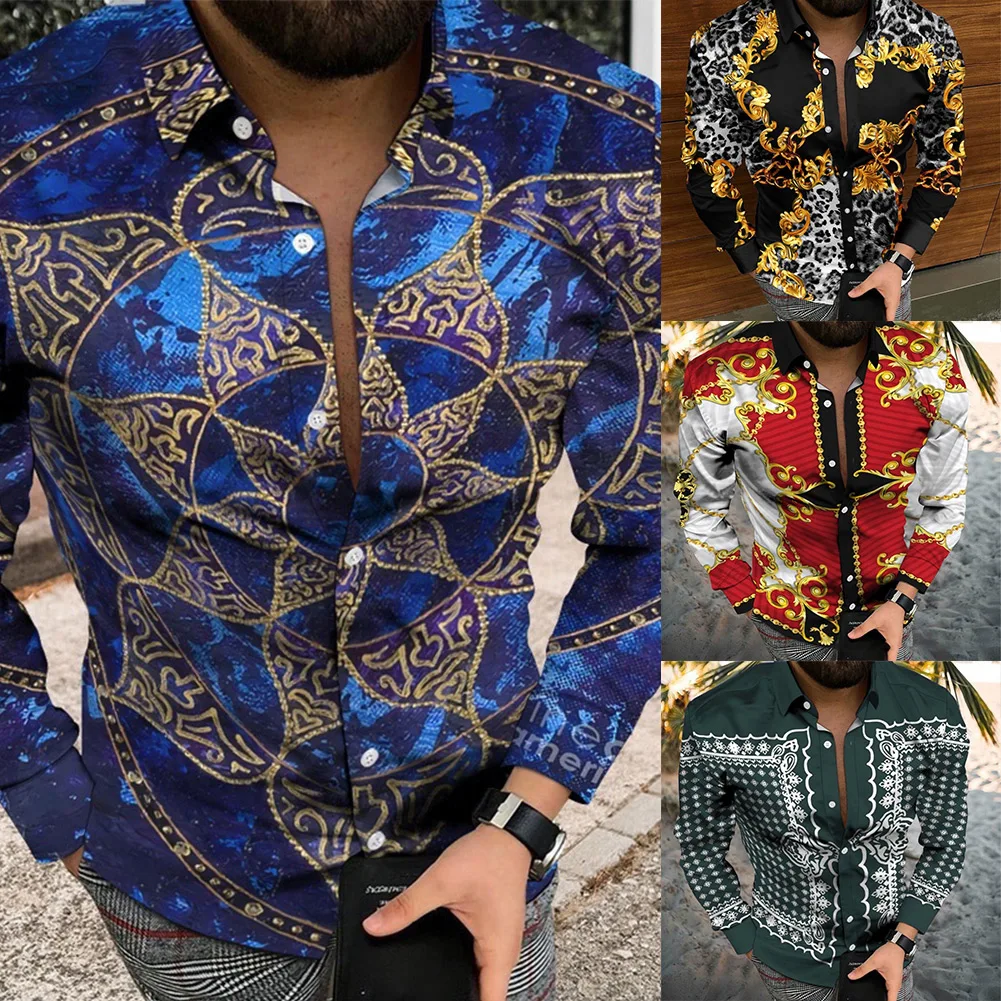 Men's Fashion Printed Shirts Long Sleeve Muscle Fitness Shirt And Blouse Button Lapel Party Dress Up Men Tops