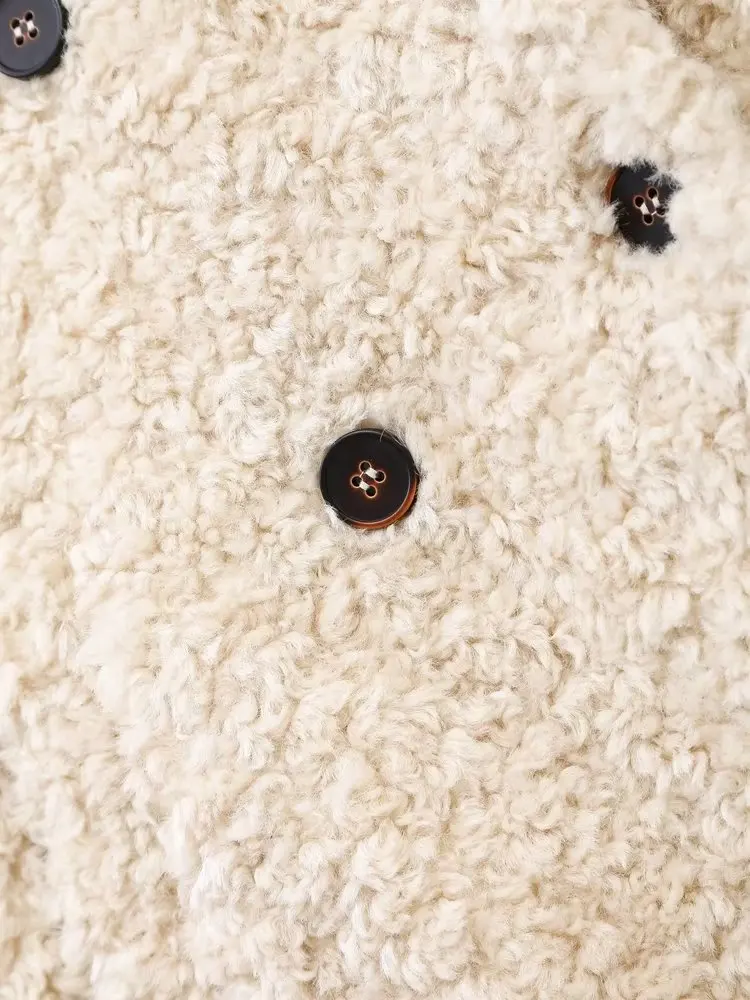 Withered Faux Fur Texture Double-Breasted Coat British Fashion Women's Winter Beige Color Warm Retro Lamb Wool Jacket Women